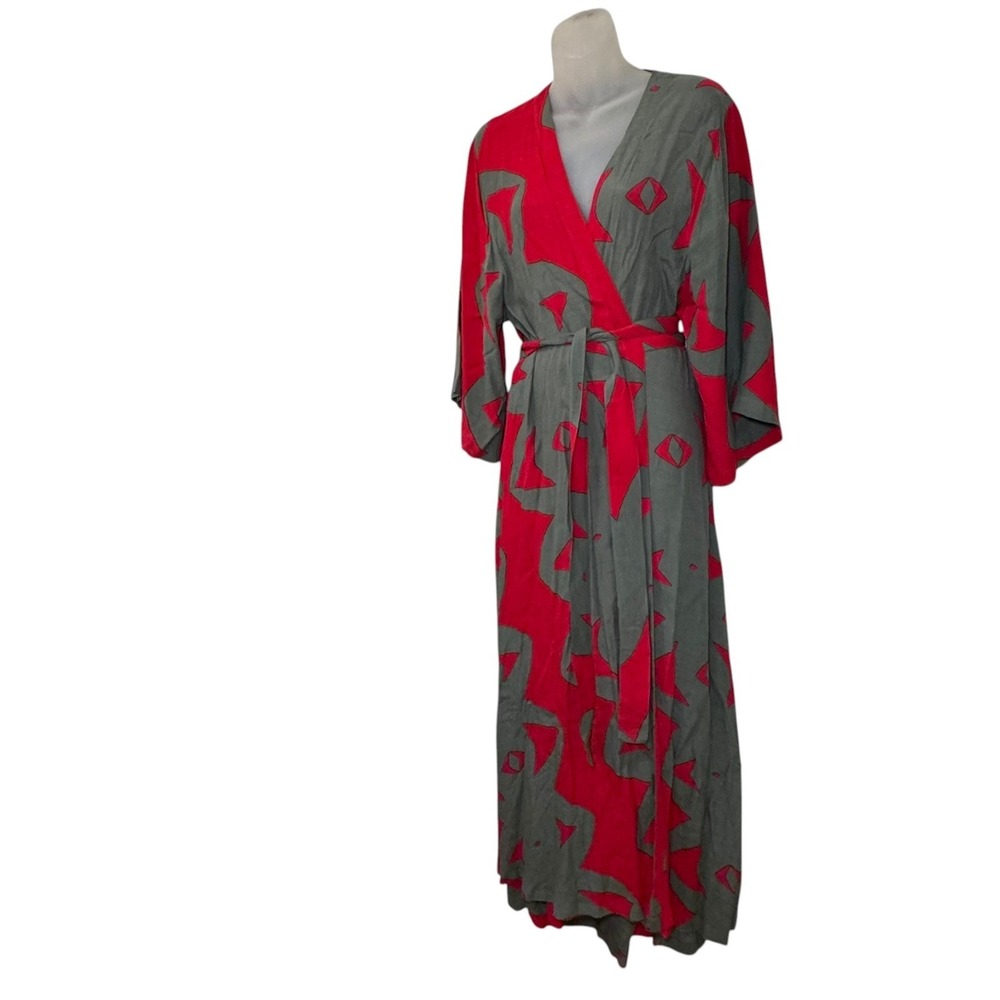 Bel Kazan Bali Wrap Kimono Dress Red Gray Abstract Print S/M Anthropologie - Picture 3 of 9